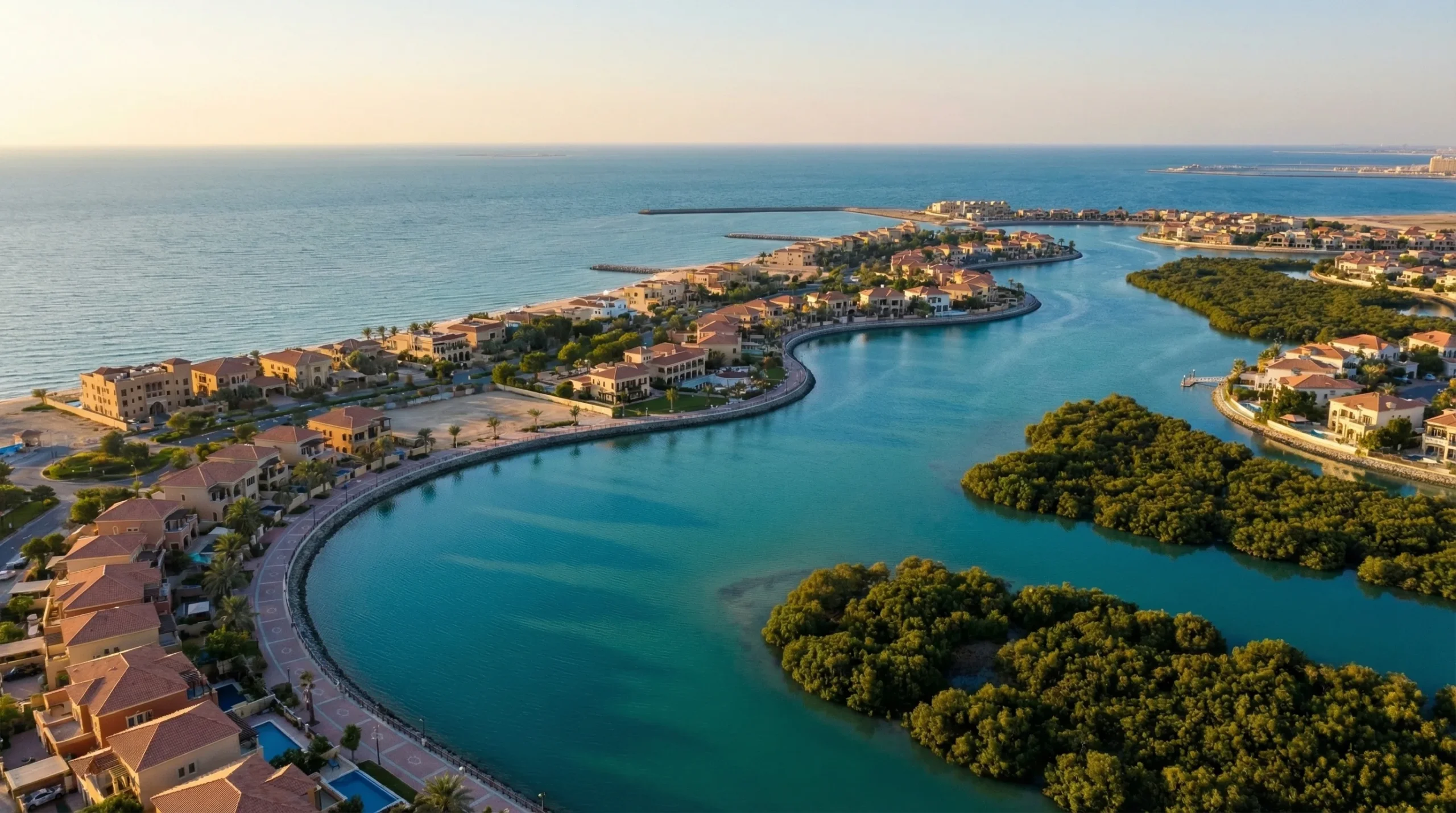 Aerial view of Mina Al Arab lagoons and waterfront in Ras Al Khaimah
